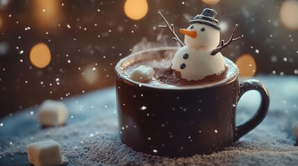 A cozy mug of hot chocolate with a melted snowman slowly sinking into the warm drink. The snowman, made of marshmallows