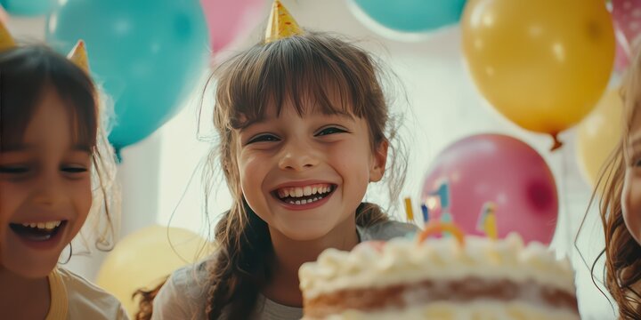 A group of kids smiling and having fun during a birthday party, surrounded by balloons and cake.