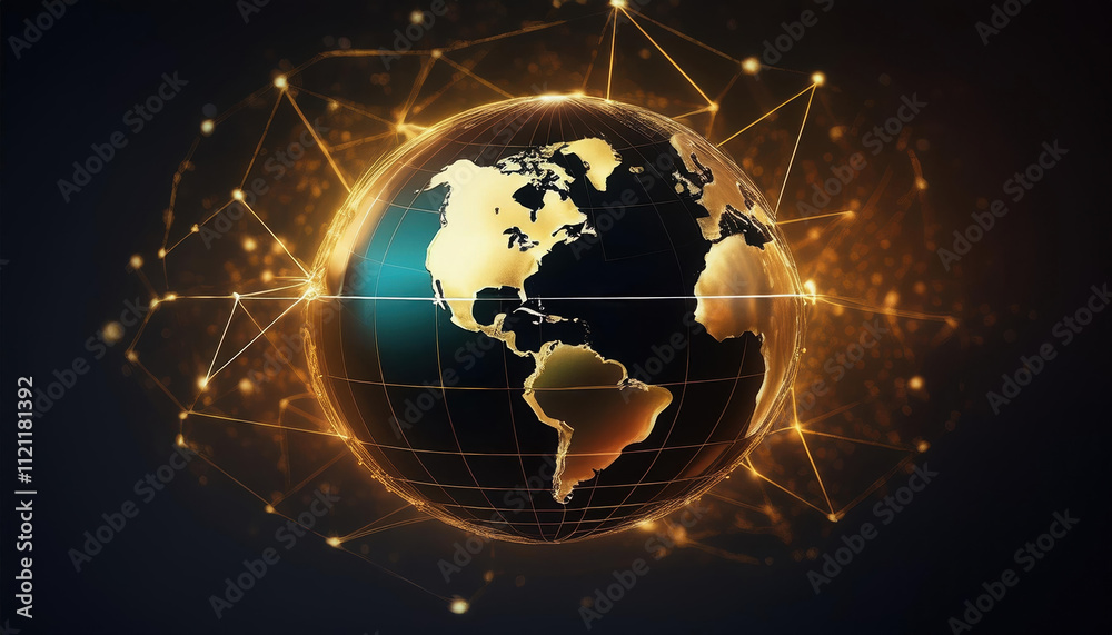 Poster conceptual globe surrounded by interconnected golden lines and nodes symbolizing global connectivity