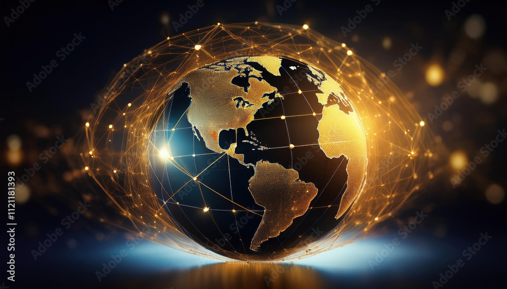 Poster conceptual globe with interconnected golden lines and nodes symbolizes global connectivity and techn