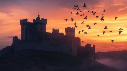 Obraz premium flock of birds soaring above a castle as dusk settles, with the soft light capturing the romance of the moment