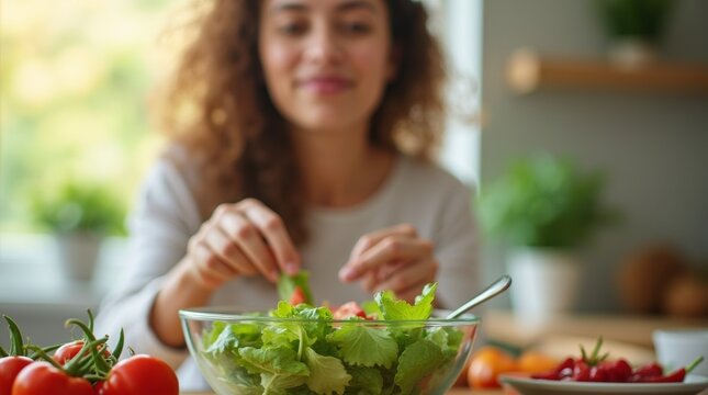 A serene scene of a person enjoying a colorful salad made from spring greens and vegetables, emphasizing the importance of vitamins in combating seasonal deficiencies