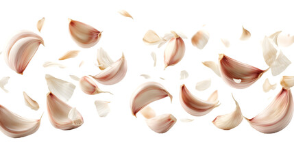 high-resolution PNG image features a dynamic composition of garlic cloves appearing as if they are falling, flying, or in motion