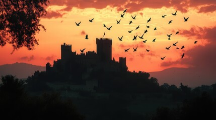 Fototapeta premium castle at twilight, its silhouette framed by a flock of birds flying gracefully across the fading sky