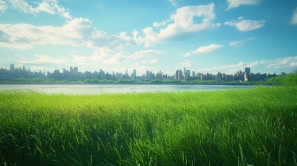 Fototapeta premium city across the river, with vast green grass fields rolling towards the shore. The serenity of the fields contrasts with the towering city skyline in the distance