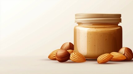 A clean vector illustration of a nut butter jar with almonds placed beside it, showcasing a wholesome and natural food product on a light background