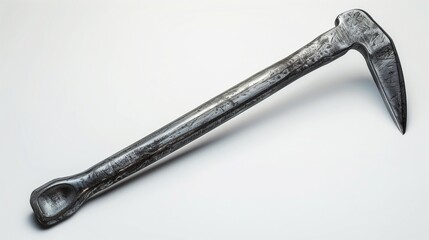 A sturdy crowbar, lying diagonally, showcasing its strength and sleek finish against a plain white background.