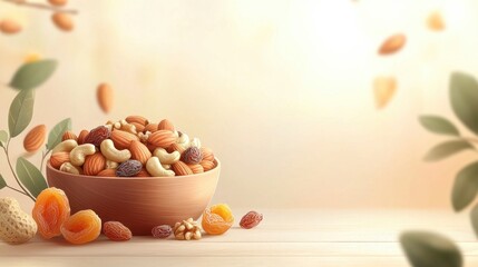 A minimalist arrangement of assorted nuts and dried fruits in a wooden bowl surrounded by soft lighting and gentle leaves on a wooden surface