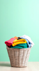 A woven basket filled with colorful folded clothes sits against a soft mint green wall, showcasing a tidy and organized laundry scene.