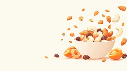 A minimalist illustration of a bowl overflowing with assorted nuts and dried fruits in a clean and bright setting, emphasizing healthy snacking options