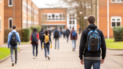 Student Walking on Campus Path with Peers in Background