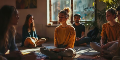 A group of teenagers involved in a mental health activity, such as journaling or meditation, in a bright and positive setting.