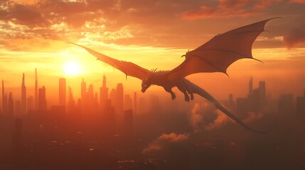 A holographic dragon flying through a futuristic city at sunset 