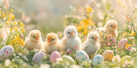 A group of tiny Easter chicks playing in a field of flowers, with colorful eggs scattered around.