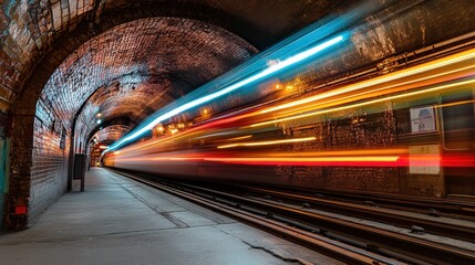 A vibrant 4K photo of a train moving through a tunnel, the streaks of blurred light creating a dynamic urban composition