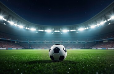 Soccer ball sits on stadium field at night. Illuminated arena with spectators. Exciting sporting event. Night game atmosphere. Team play anticipation. Soccer football competition. Focus on ball.
