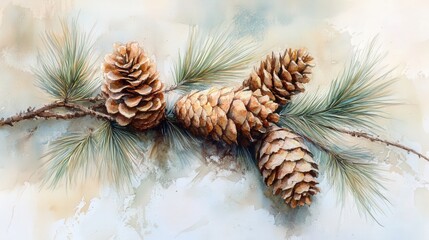 A beautiful pine branch adorned with several pine cones creates a tranquil natural scene.