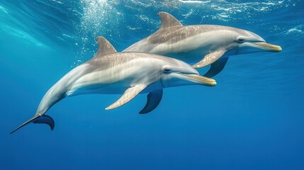 Fototapeta premium A dynamic 4K image of a dolphin mother teaching her calf to dive, their sleek bodies cutting through the ocean depths with effortless grace
