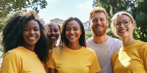 A group photo of community members from different backgrounds participating in a volunteer event, embodying unity in diversity.