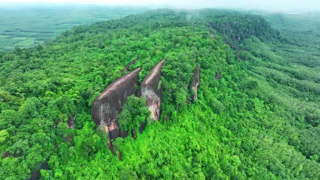 Aerial view of Hin Sam Wan which is covered with green trees