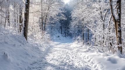 Fototapeta premium Winter landscape with snow-covered path and frosted trees in a forest setting