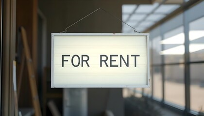 White Rectangular "For Rent" Sign with Black Text, Hanging in a Store Window with a Blurry Background