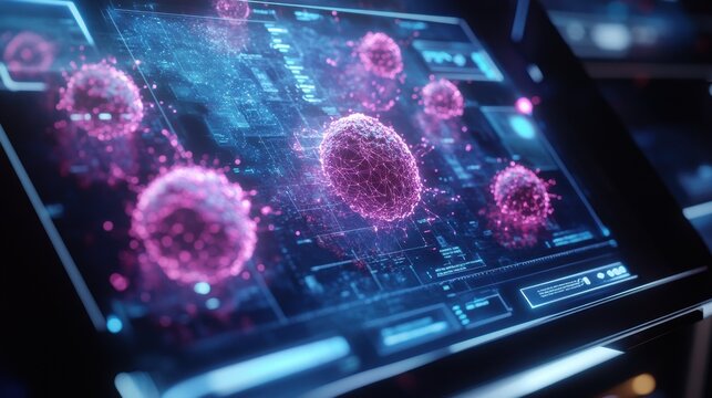 Digital Virus Analysis Screen Showing Microscopic Pathogen Data - Powered by Adobe