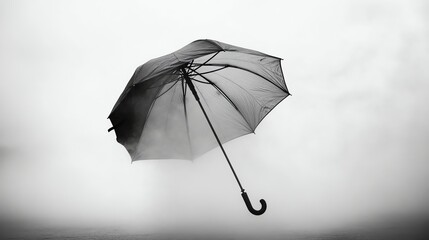 A black umbrella floating in a foggy sky.