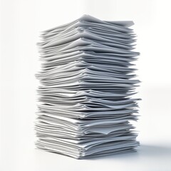 High stack of white documents isolated on white background. Documents piled up vertically. Image suggests large amount of paperwork. Related to office work business activities. Potential for themes