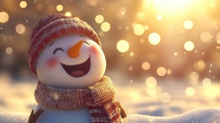 A festive Christmas background banner featuring a cute snowman laughing with joy, wearing a wool hat and scarf.