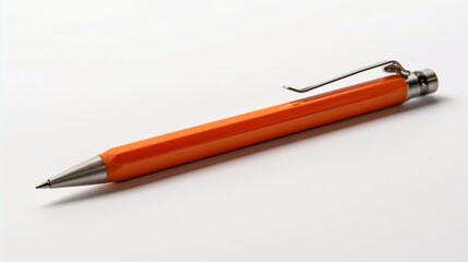 A sturdy orange mechanical pencil with a visible lead, resting at an angle to highlight its functionality against white.