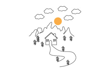 
Mountain one line drawing of minimalist vector icon with black and white background
