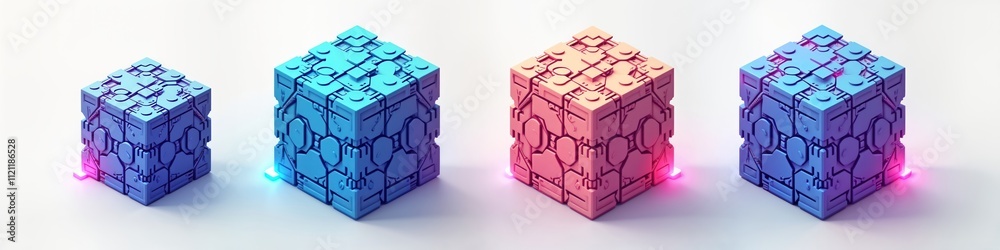 Poster three-dimensional tech cubes in various colors with intricate patterns, symbols shown. futuristic de