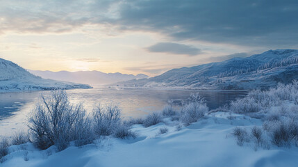 Fototapeta premium Winter landscape by a serene river with snow-covered mountains in the background during sunset
