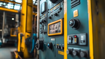 A large control panel with a yellow button in the middle sits in a factory. The control panel is blue and has several buttons and a screen