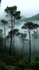 Obraz premium A misty forest landscape featuring tall trees shrouded in fog under a cloudy sky