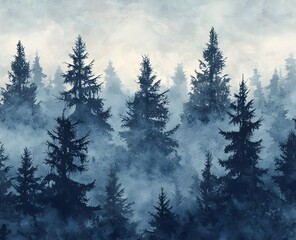 Obraz premium A misty forest landscape featuring tall trees shrouded in fog under a cloudy sky