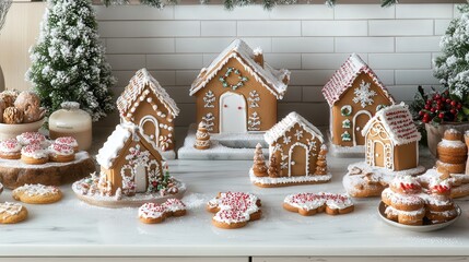 A festive kitchen countertop with several gingerbread houses in various stages of decoration, surrounded by holiday-themed cookies.