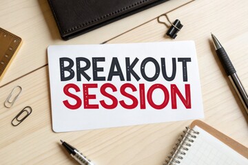 A workspace scene featuring a card labeled "BREAKOUT SESSION" among office supplies.
