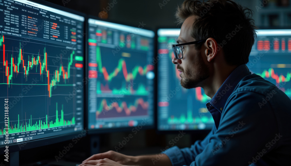Aufkleber Man studies financial charts on computer screen. Analyzing market data. Focused on investment decision-making. Looking at multiple screens displaying stock market charts, graphs. Likely trader