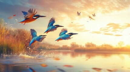 Obraz premium A group of kingfishers darting across a serene river, their colorful bodies illuminated against a vivid sky, every feather in perfect focus
