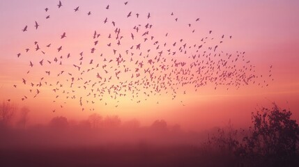 Obraz premium A group of migratory birds forming a perfect V formation, silhouetted against a pastel dawn sky, every detail crisp in ultra-high resolution