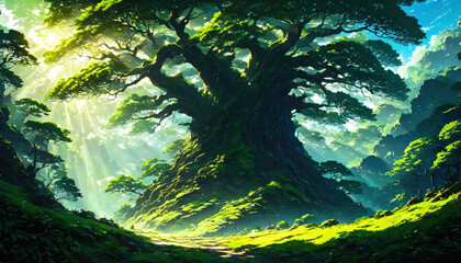 Majestic Giant Tree in the Middle of a Lush Forest. Japanese Anime Illustration Painting Style. Beautiful Landscape Wallpaper