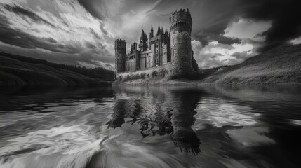 A haunting black and white view of a castle reflected in a river, with rippling water creating an eerie, dreamlike effect