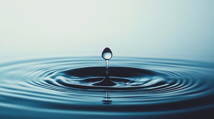 A single water drop falls into a pool of water, creating ripples.