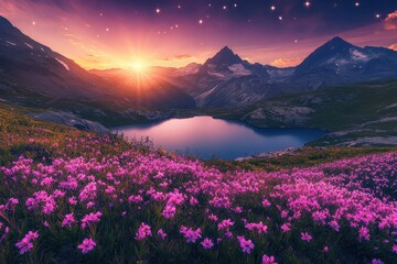 Obraz premium Mountain Lake Surrounded by Wildflowers with a Sunset Sky and Stars