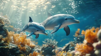 A heartwarming underwater scene of a dolphin mother guiding her calf through a coral reef, surrounded by sparkling bubbles