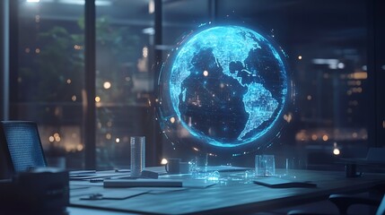A holographic globe spinning above a conference table in a futuristic office 