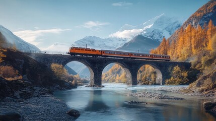 train crossing a bridge over a river, framed by majestic mountains and clear skies,