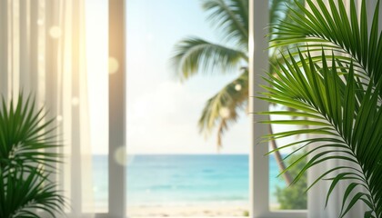 Fototapeta premium Sunny day view through white ribbed window with green palm plants. Tropical ocean scene outside. Modern interior design with focus on nature, light. Empty space for product presentation lifestyle